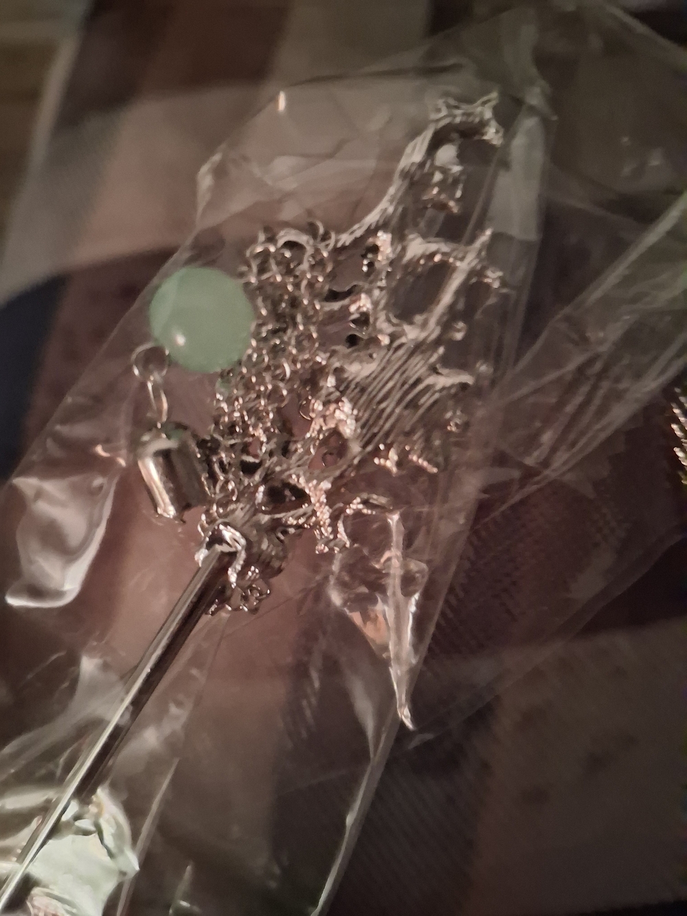 Silver Hair Stick with Light Green Bead Accent